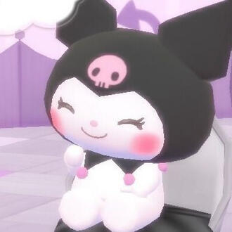 A picture of Kuromi smiling whilst sitting on a chair.